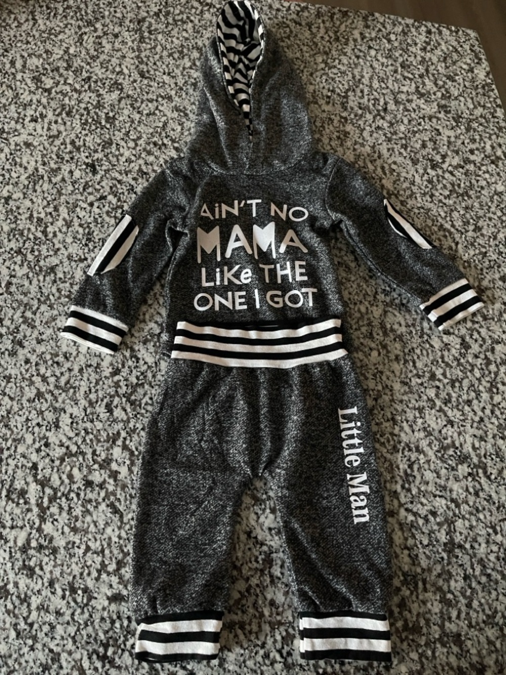 Grey Hoodie Jumpsuit with Striped Trim - "Ain't No Mama Like The One I Got"